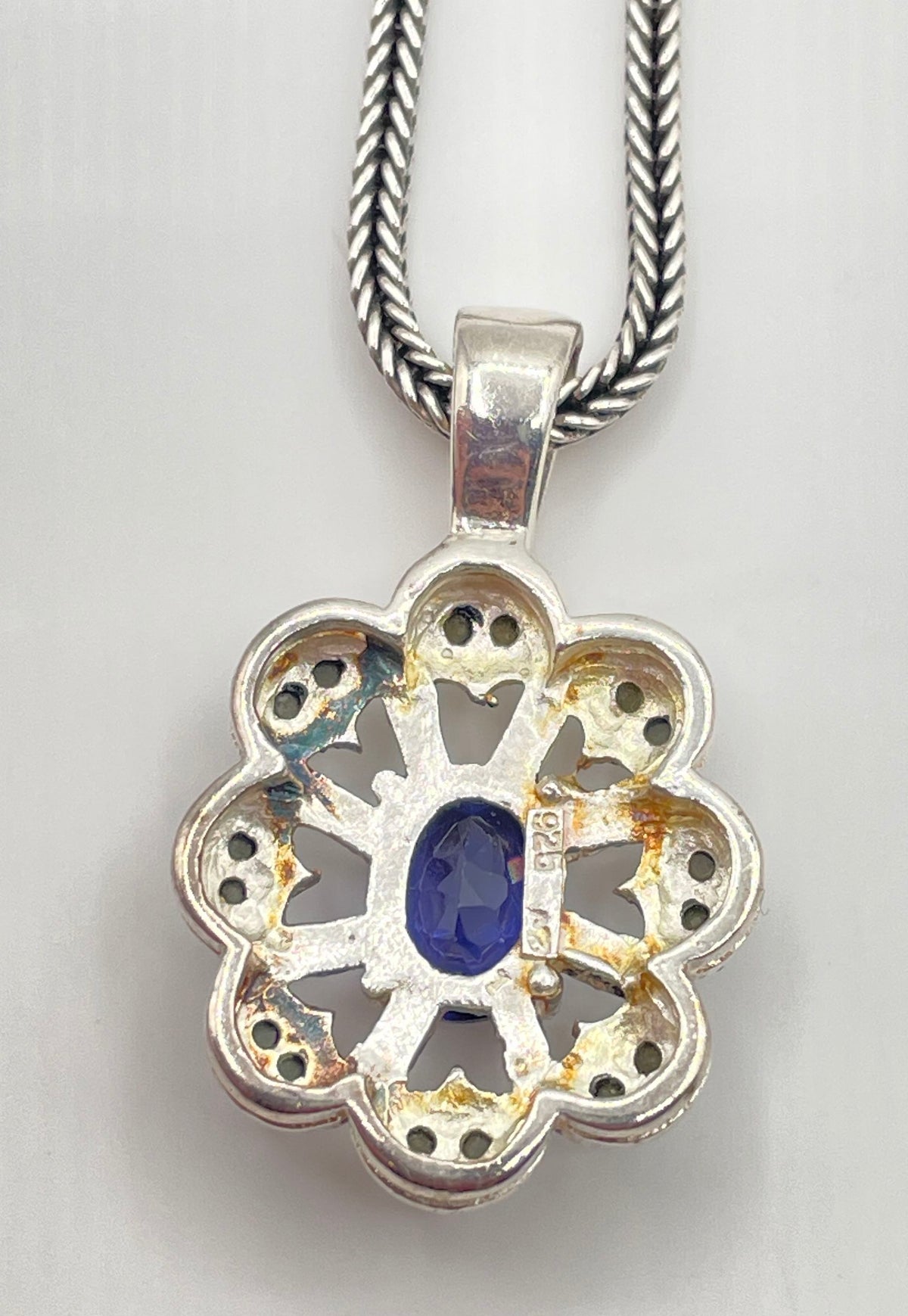 925 Sterling Silver Blue CZ Marcasite Accent Pendant Necklace 16g *Damaged*