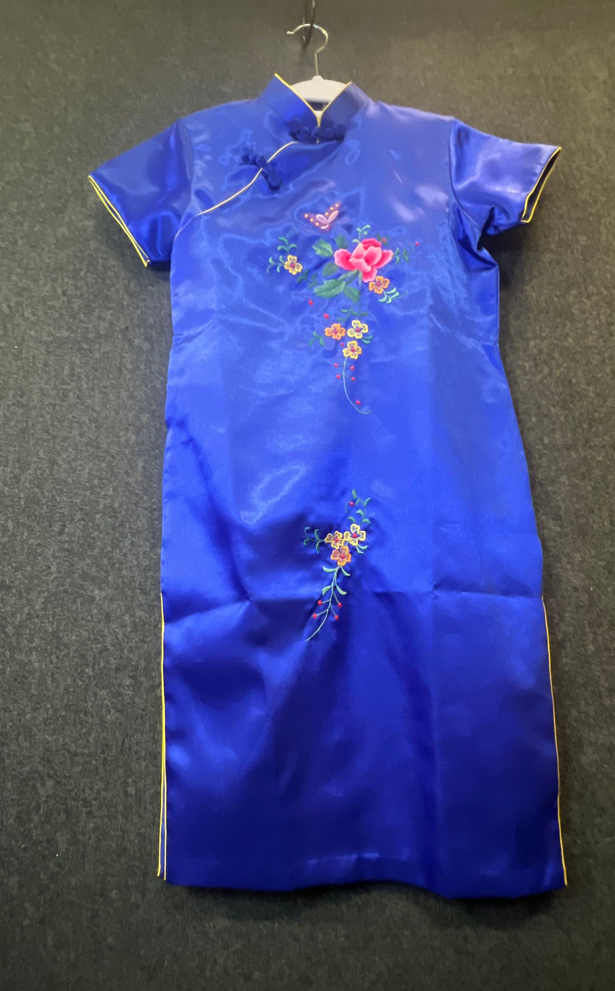Cangri Women's Blue Satin Floral Embroidered Cheongsam Qipao Dress Sz XL