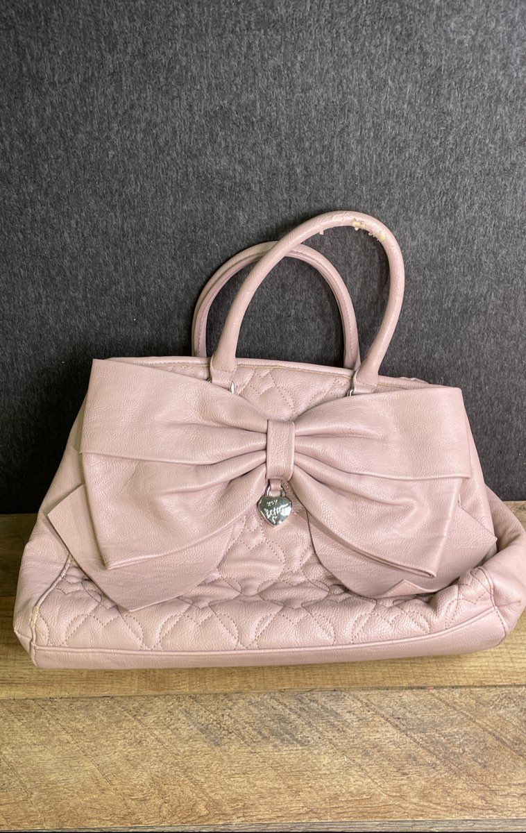Betsey Johnson Pink Quilted Heart Faux Leather Bow Satchel Tote Bag Heart Lock