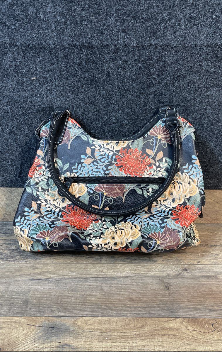 Koltov Multicolor Floral Mums Black Faux Leather Hobo Shoulder Bag Handbag