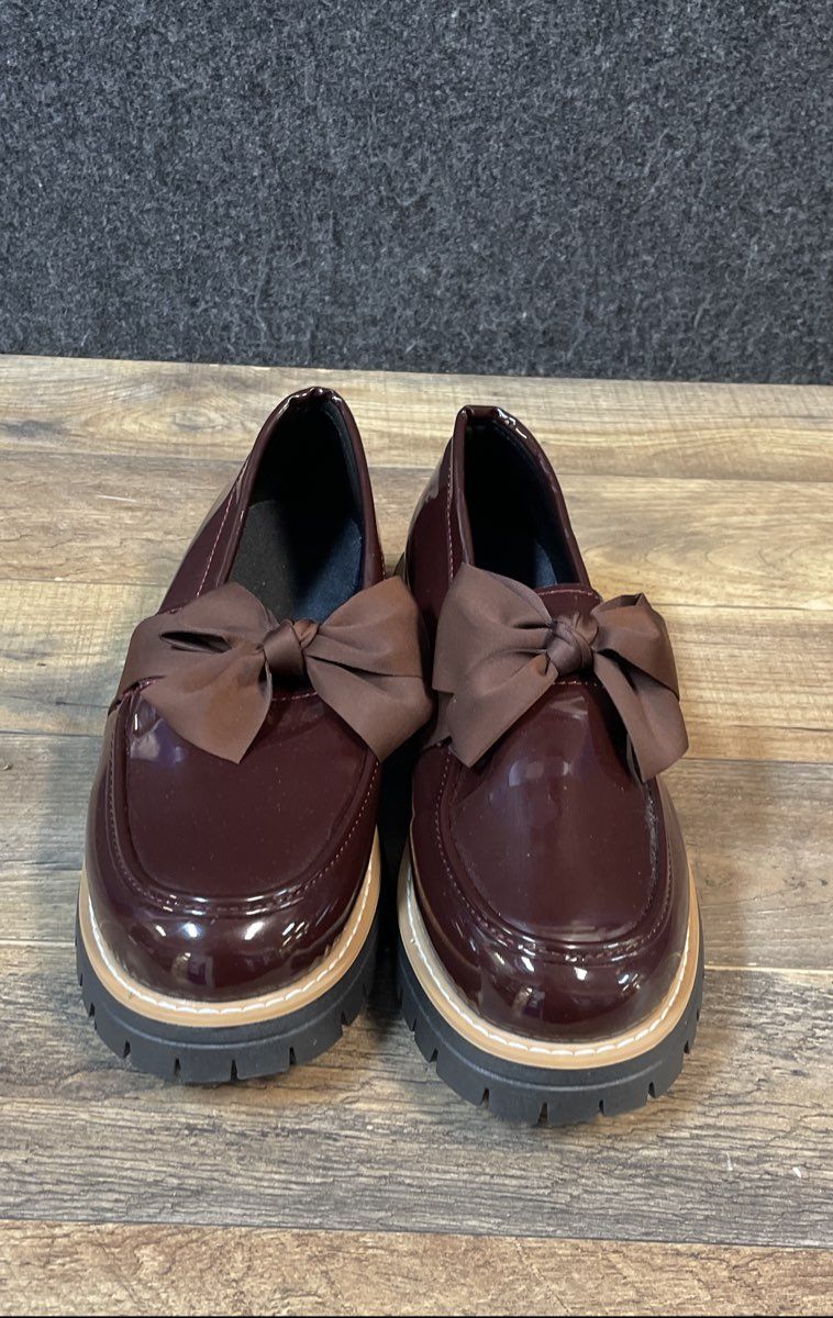 Burgundy Patent Leather Bow Chunky Lug Sole Platform Loafers Shoes Size 42