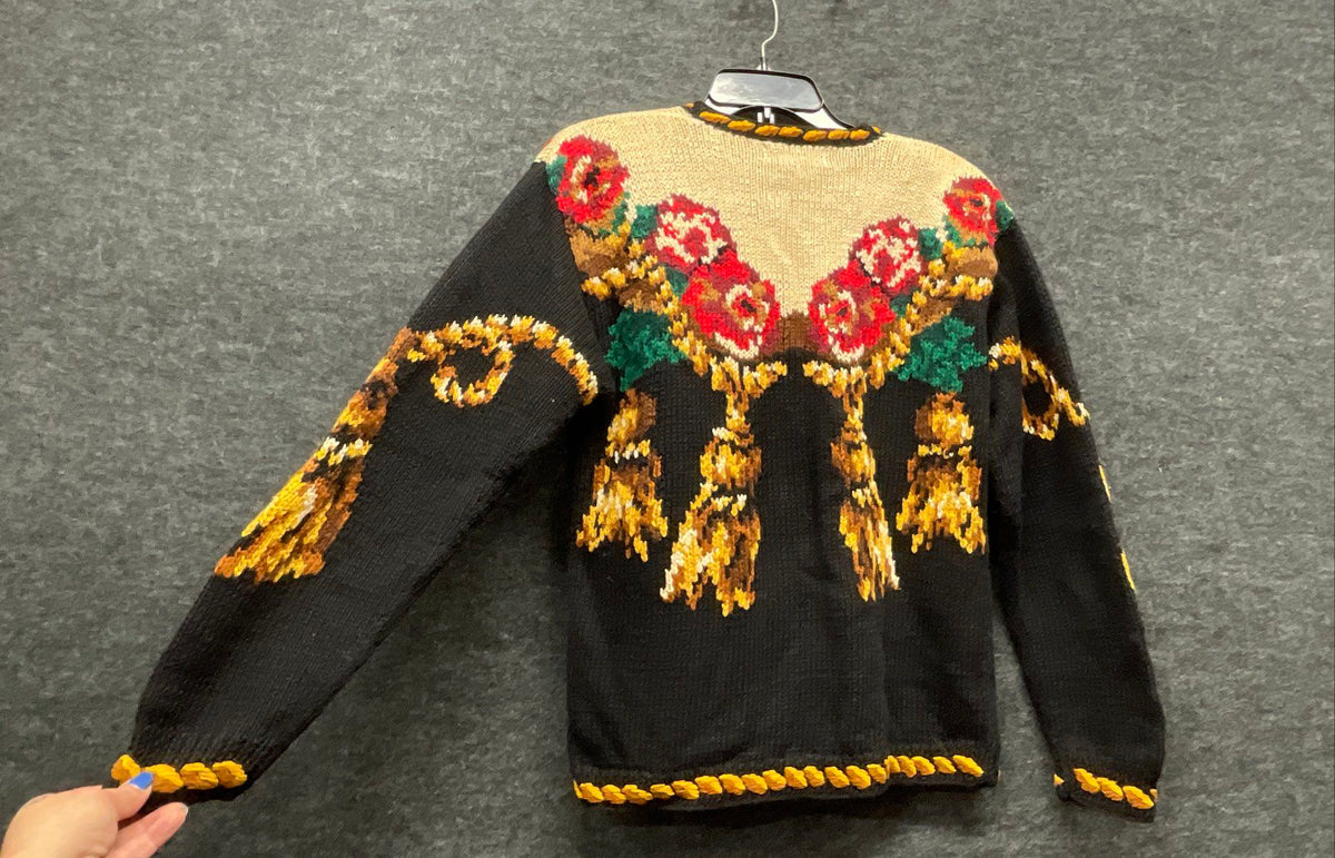 Vintage 90s The Eagle's Eye Women's Hand Knit Floral Tassel Cardigan Sweater M