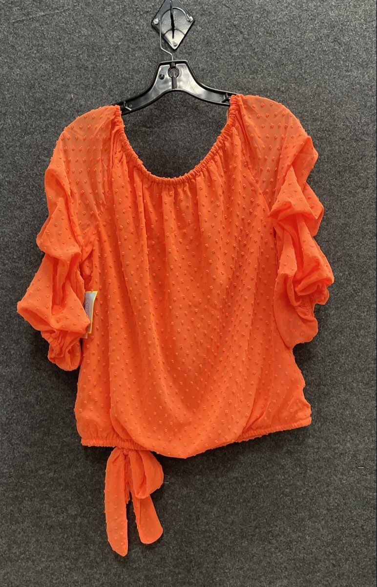 Cece Women's Orange Swiss Dot Ruffle Sleeve Side Tie Blouse Top Size L