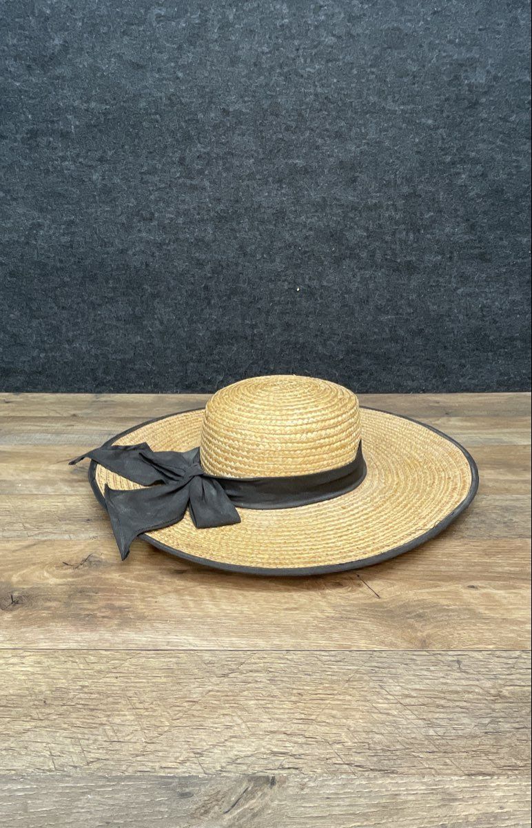 Women's Wide Brim Straw Sun Hat Natural Tan Black Ribbon Bow Beach Summer