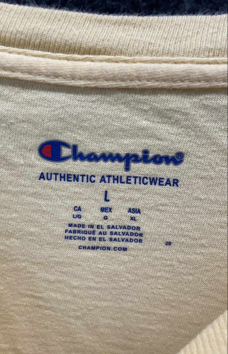 Champion Men's Yellow Script Logo Short Sleeve Crewneck T-shirt Size L