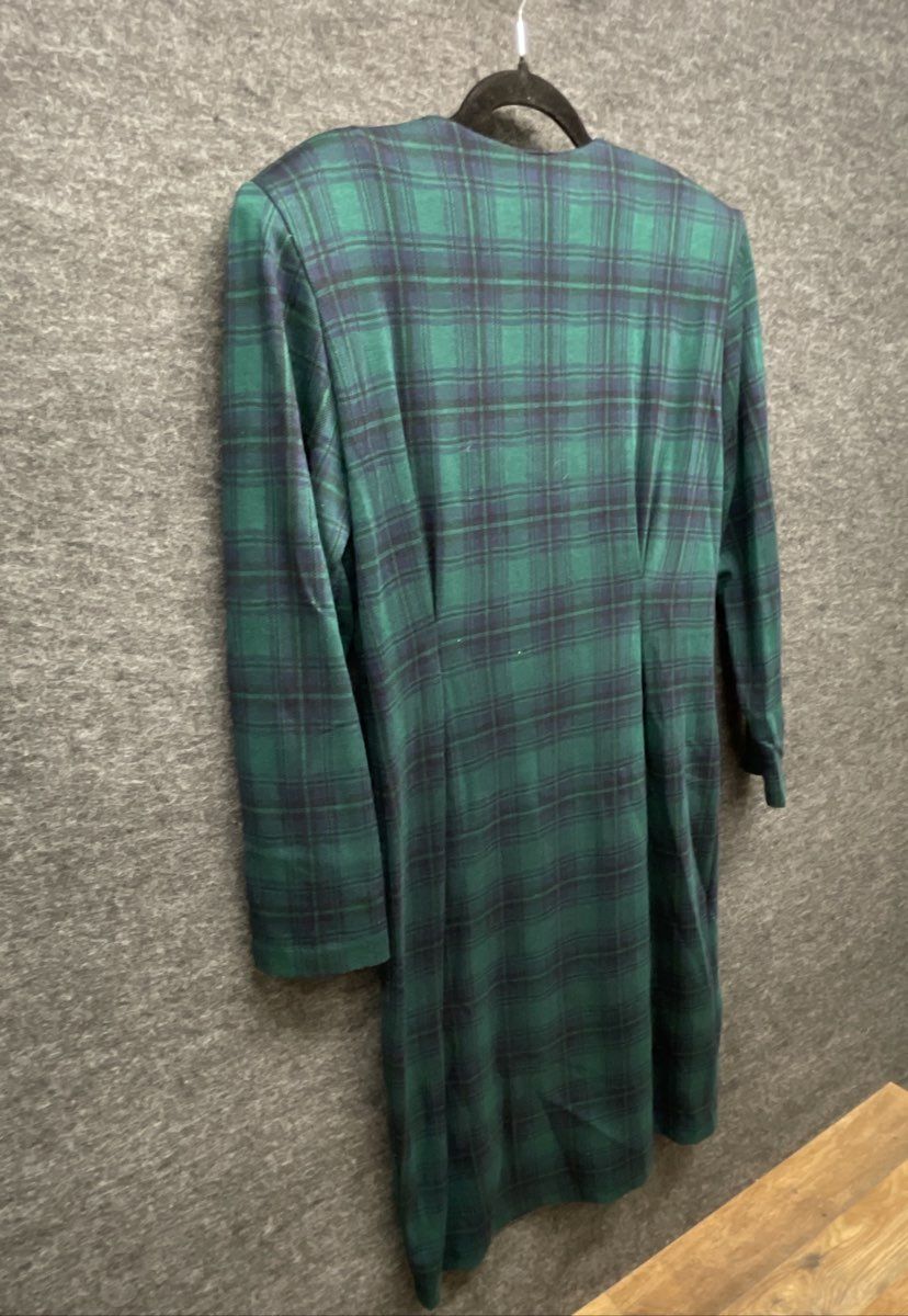 Miss Dorby Vintage 80s Green Navy Tartan Plaid Button Dress