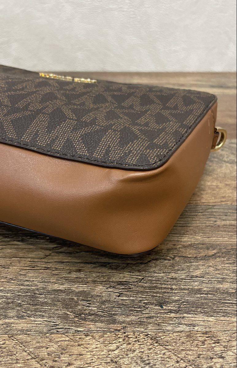 Michael Kors Brown Logo Jet Set Large Crossbody Camera Bag Gold Hardware