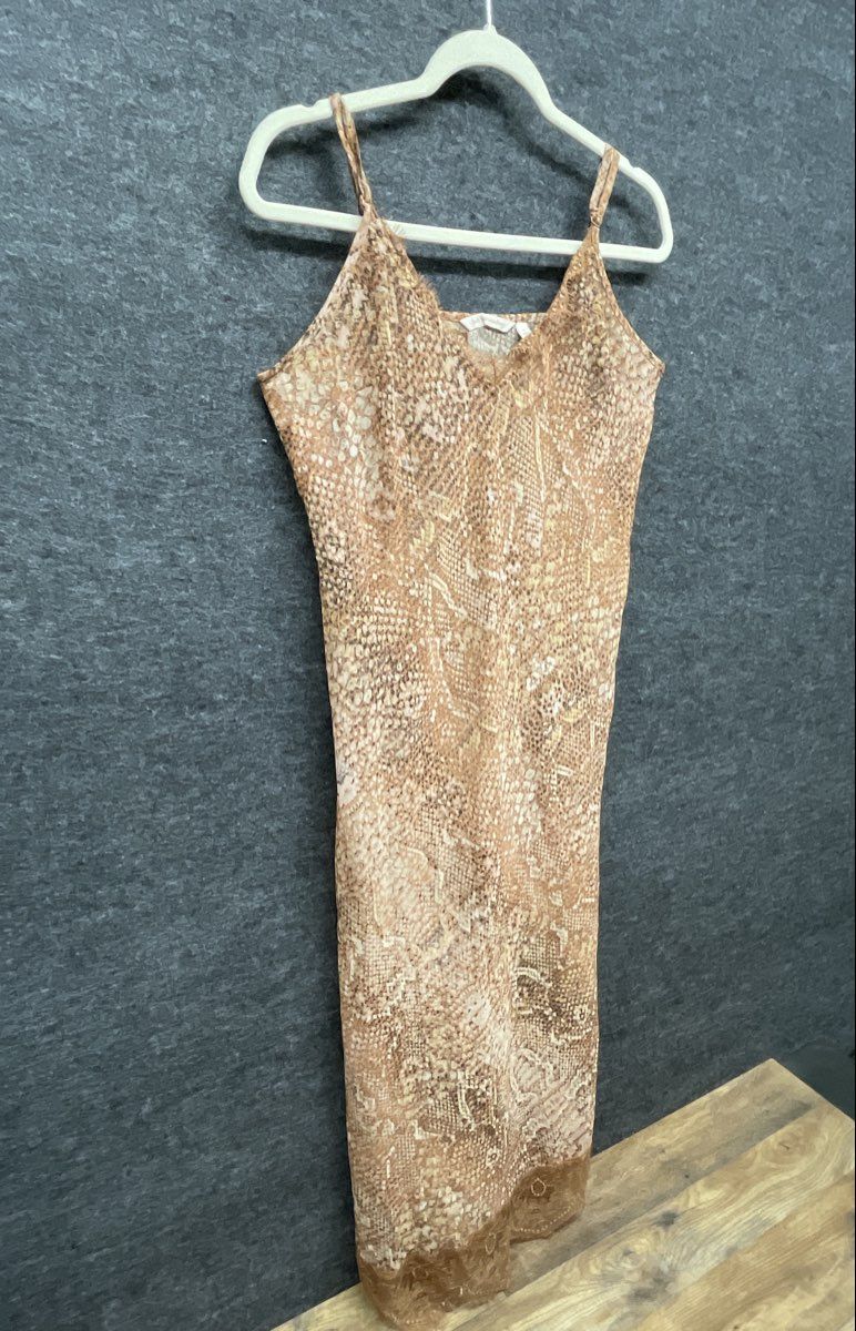 Soft Surroundings Women's Tan Snakeskin Print Lace Trim Maxi Slip Dress Size L
