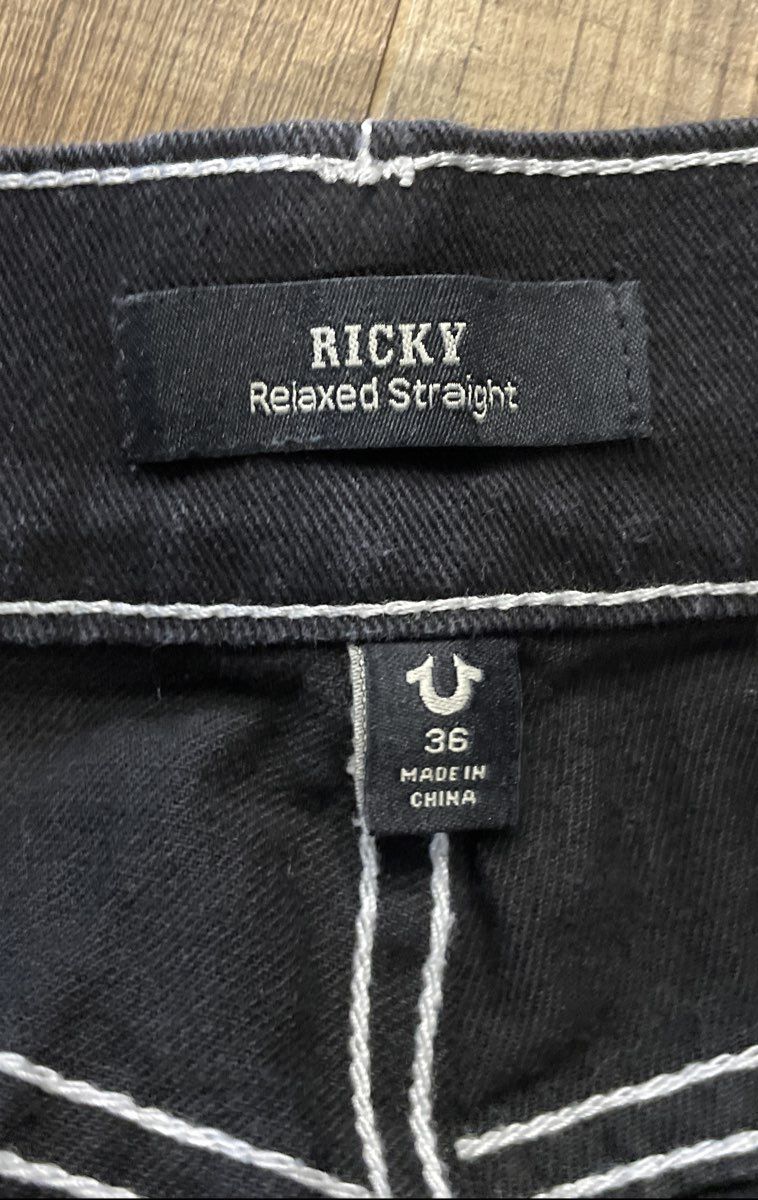 True Religion Women's Ricky Relaxed Straight Black Jeans Contrast Stitch Sz 36