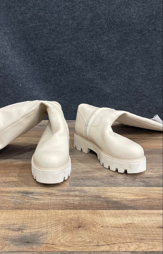 Franco Sarto Balin Cream Leather Knee High Lug Sole Boots Women's Size 6.5 Wide