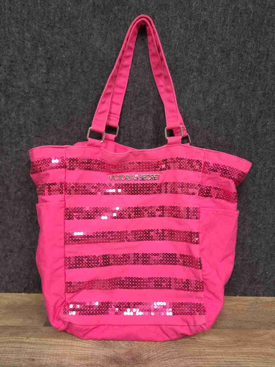 Victoria's Secret Sequin Canvas Tote Bags Striped Pouch Pink Black Lot of 3