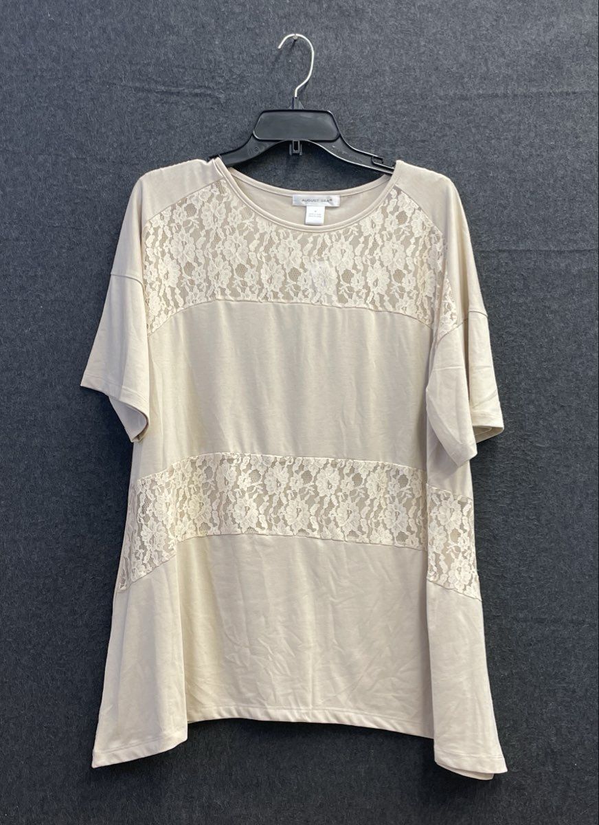 August Silk Women's Ash Blonde Floral Lace Panel Short Sleeve Top Size M NWT