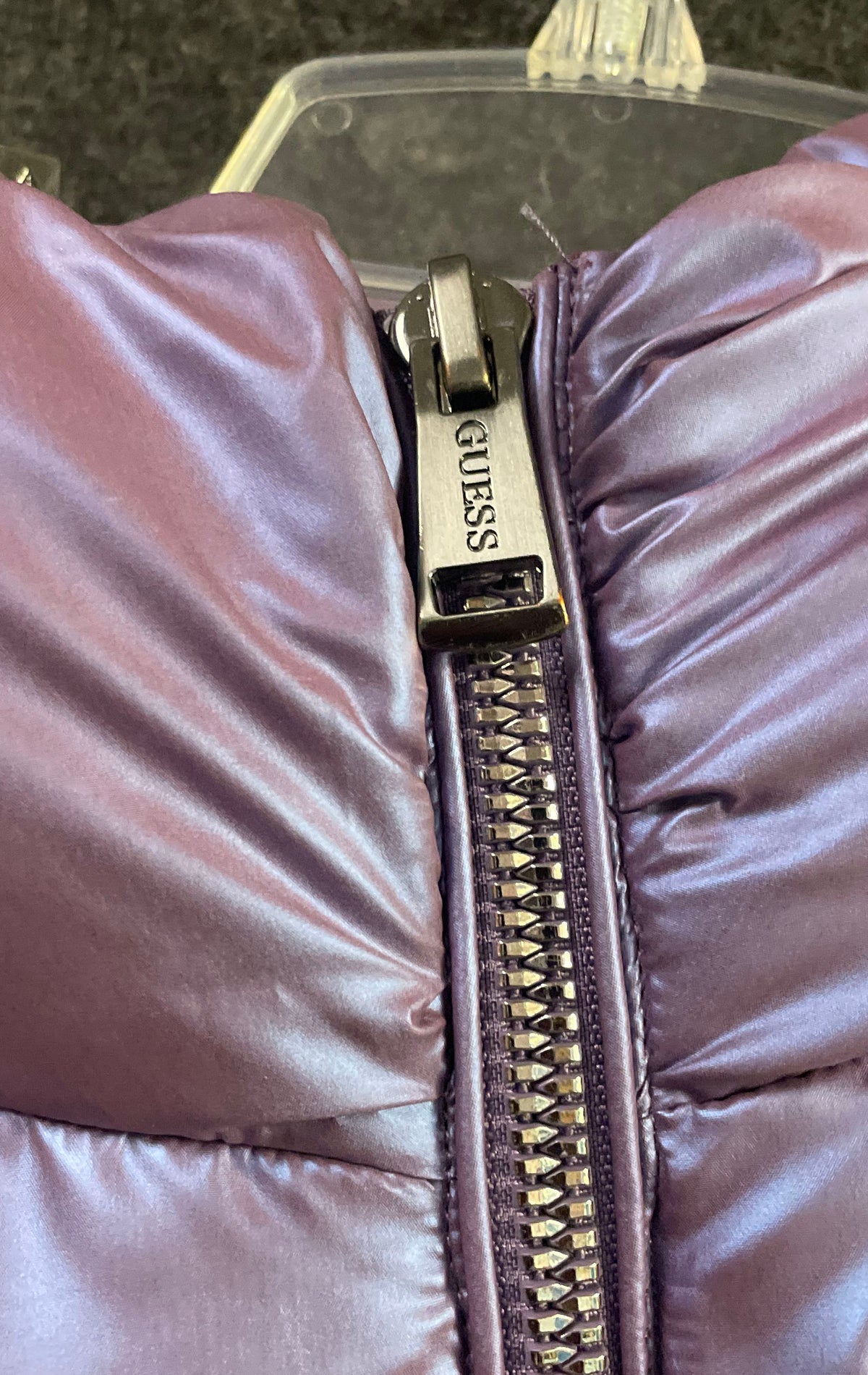 Guess Women's Purple Metallic Quilted Puffer Jacket Hooded Zip Up Sz L