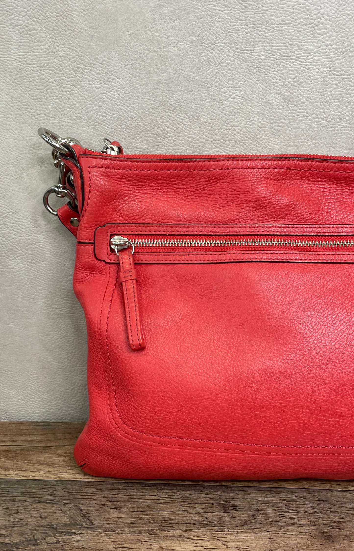 Coach Red Pebbled Leather Convertible Crossbody Shoulder Bag Silver 22421