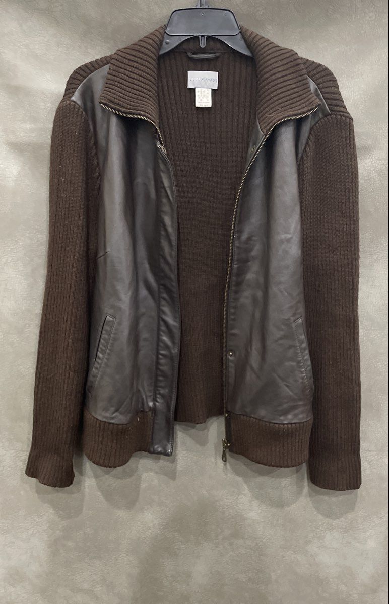 Laura Clement Women's Brown Lambskin Leather Ribbed Wool Full Zip Jacket 14