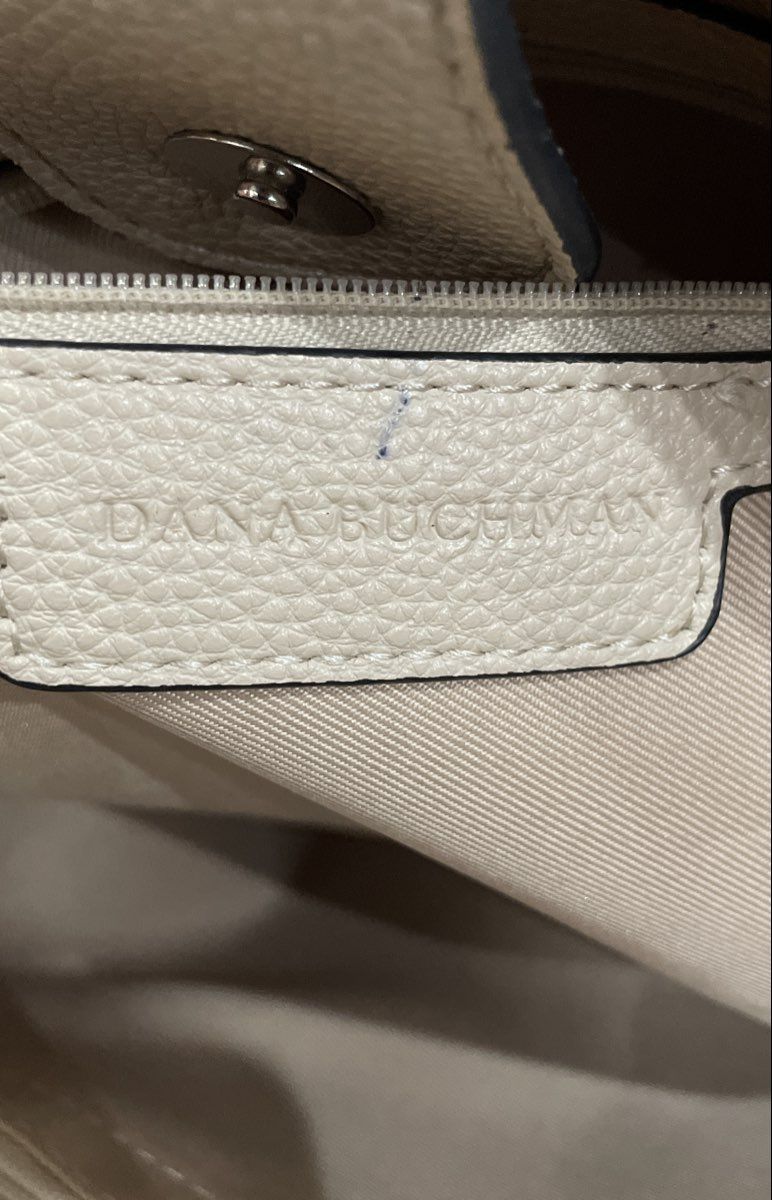 Dana Buchman Cream White Green Geometric Pattern Leather Tote Handbag