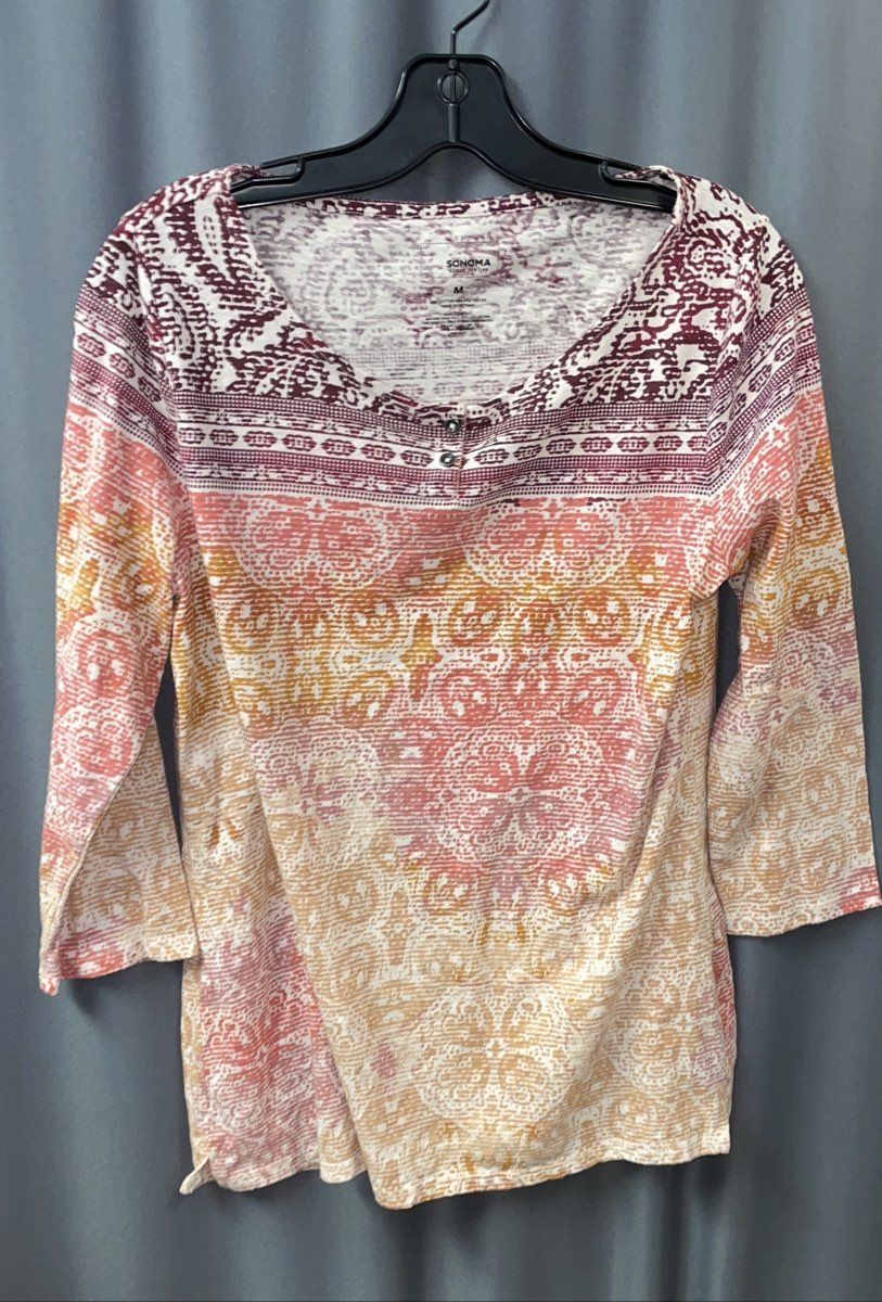 Sonoma Women's Multicolor Medallion Print Long Sleeve Henley Shirt Size M