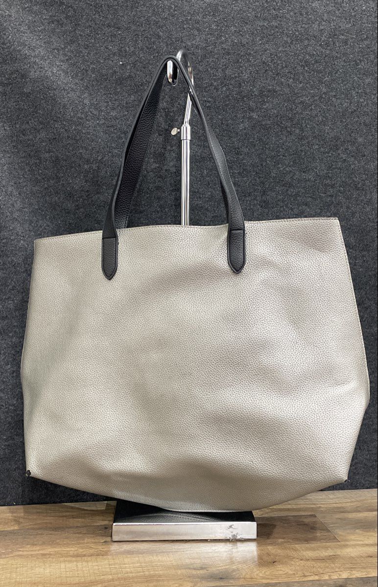 Silver Metallic Pebbled Faux Leather Tote Bag Large Black Handles