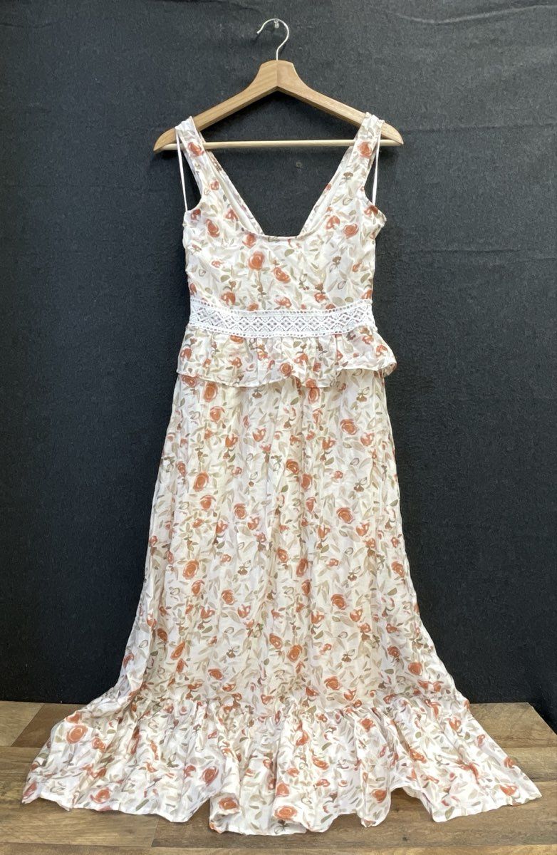 And Now This Women's Floral Maxi Dress Orange Cream Lace Trim Peplum Sz XS