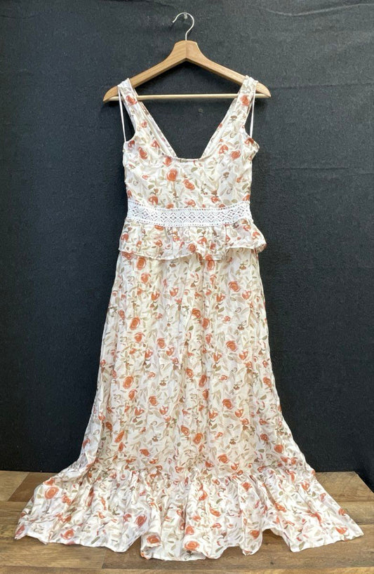And Now This Women's Floral Maxi Dress Orange Cream Lace Trim Peplum Sz XS