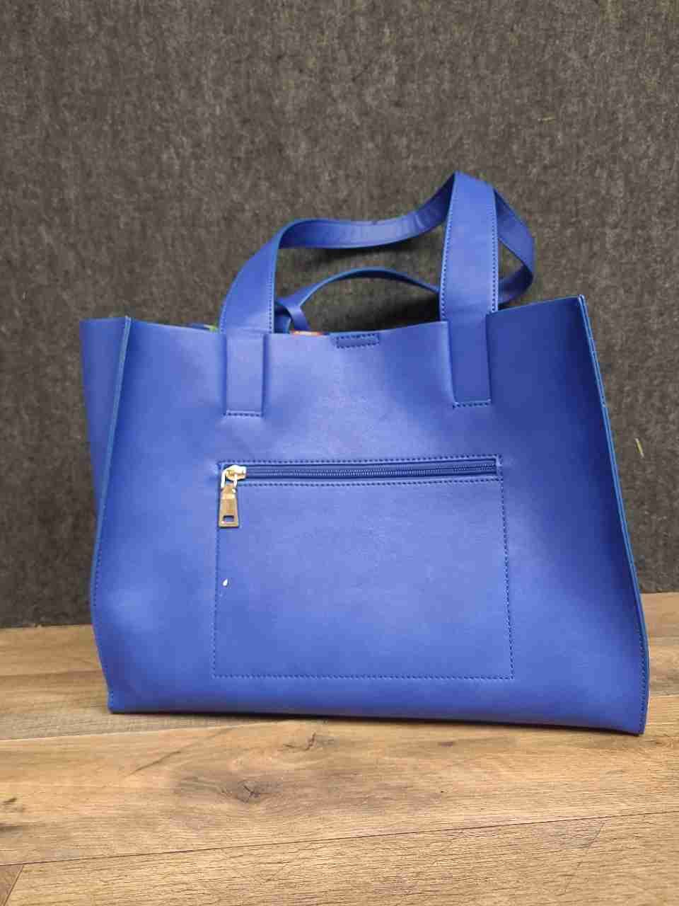 Sondra Roberts Squared Cobalt Blue Faux Leather Tote Bag Floral Lining Tassel