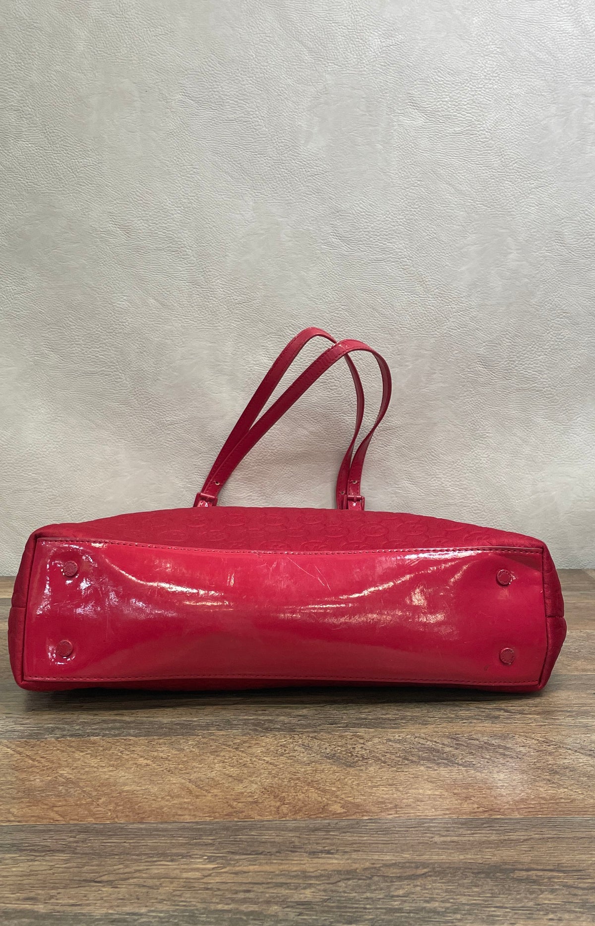 Michael Kors Red Embossed Neoprene MK Logo Tote Bag Patent Trim