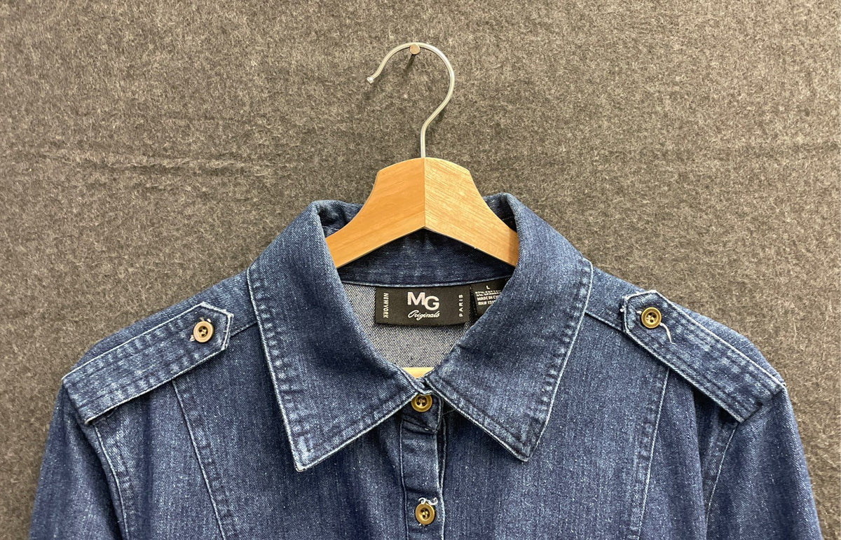 Vintage MG Originals Women's Blue Long Sleeve Button Up Denim Dress Sz L