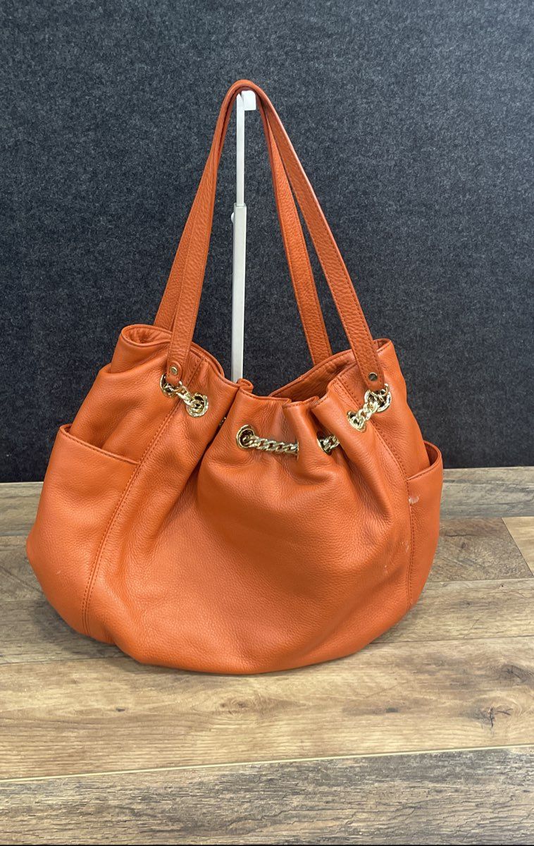 Michael Kors Orange Pebbled Leather Large Shoulder Tote Bag Gold Hardware