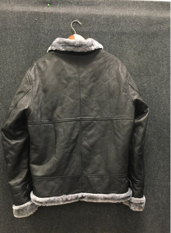 Real Leather Men's Black Faux Shearling Lined Flight Bomber Jacket Sz 25 P2P
