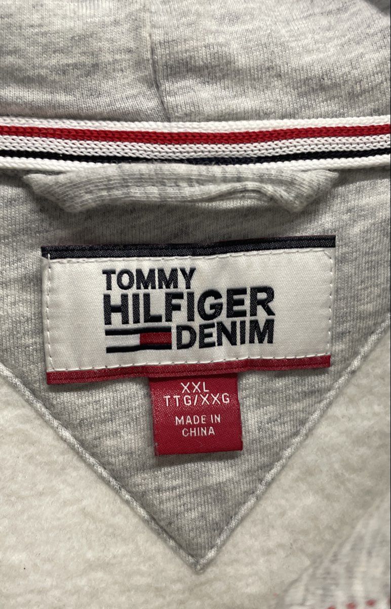 Tommy Hilfiger Denim Men's Heather Grey Large Flag Logo Pullover Hoodie Sz XXL