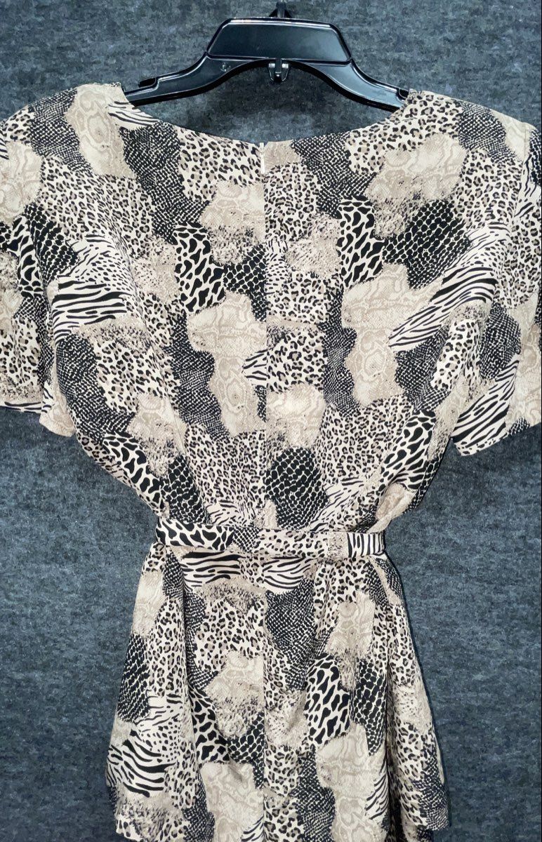 Vintage 90s Mixed Animal Print Peplum Maxi Dress Short Sleeve Back Slit Sz M