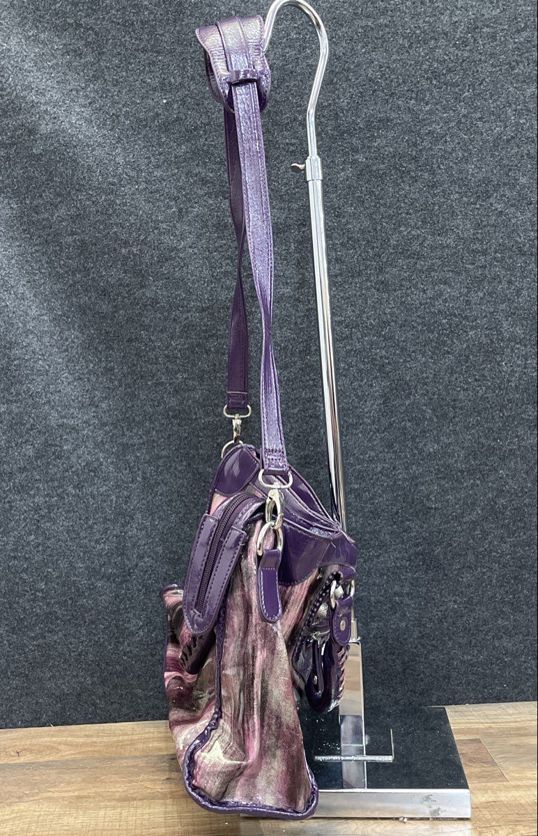 Candice Los Angeles Purple Abstract Leather Satchel Shoulder Bag Silver Hardware