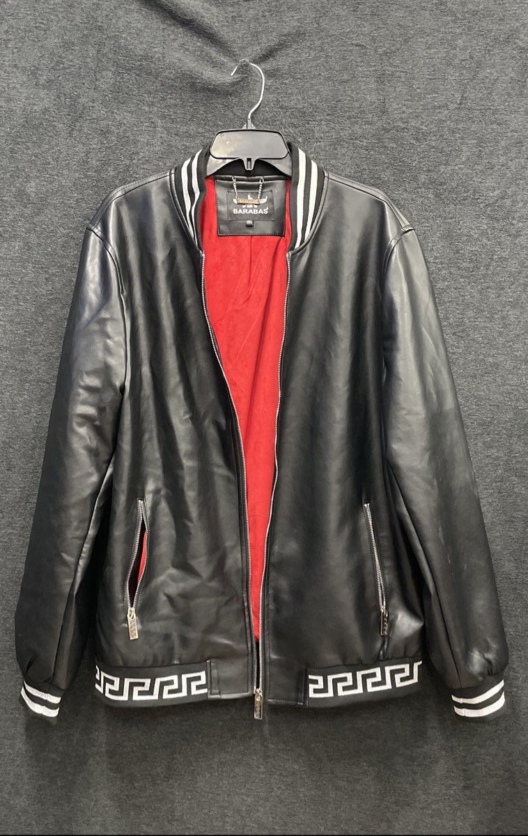 Barabas Men's Black Red Greek Key Faux Leather Bomber Jacket Sz 2XL