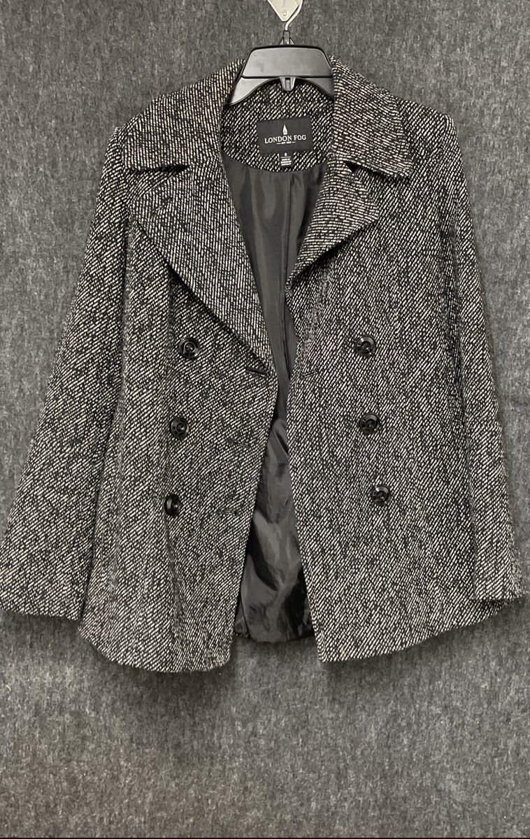 London Fog Women's Black White Tweed Wool Blend Double Breasted Peacoat Sz S
