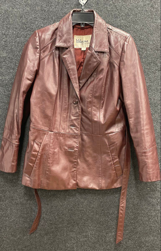 Vintage 90s Wilsons Women's Burgundy Belted Leather Blazer Jacket Car Coat Sz 10