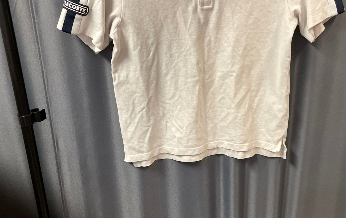Lacoste Boys White Cotton Pique Polo Shirt Navy Blue Shoulder Stripe Logo Sz 14