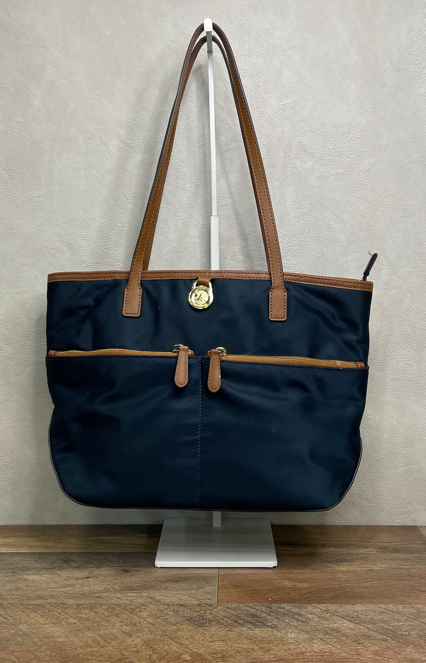 Michael Kors Navy Blue Nylon Saffiano Leather Tote Handbag Gold Hardware