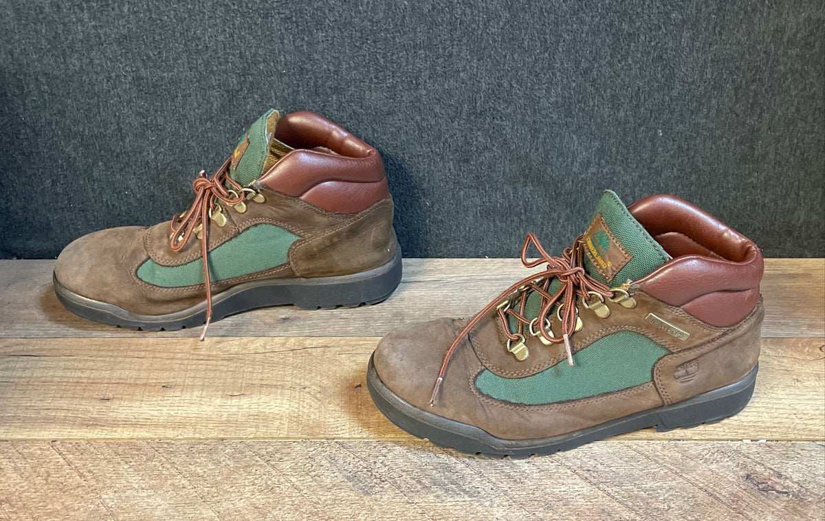 Timberland Field Boots Brown Green Canvas Leather Hiking Mid Top Size 6