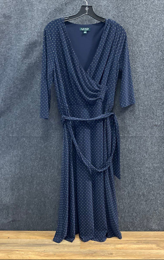 Lauren Ralph Lauren Women's Navy Blue Polka Dot Faux Wrap Tie Waist Dress Sz 12