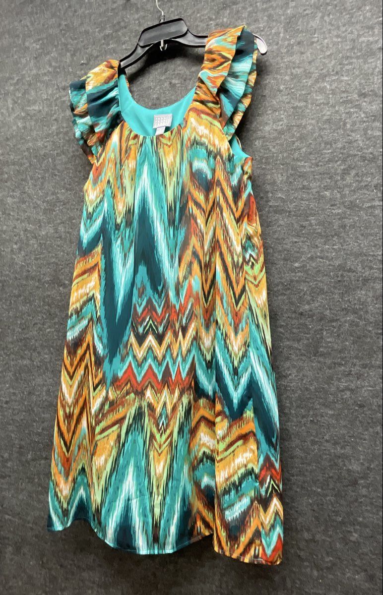 Rabbit Rabbit Designs Women's Multicolor Chevron Ikat Ruffle Cap Sleeve Dress 12