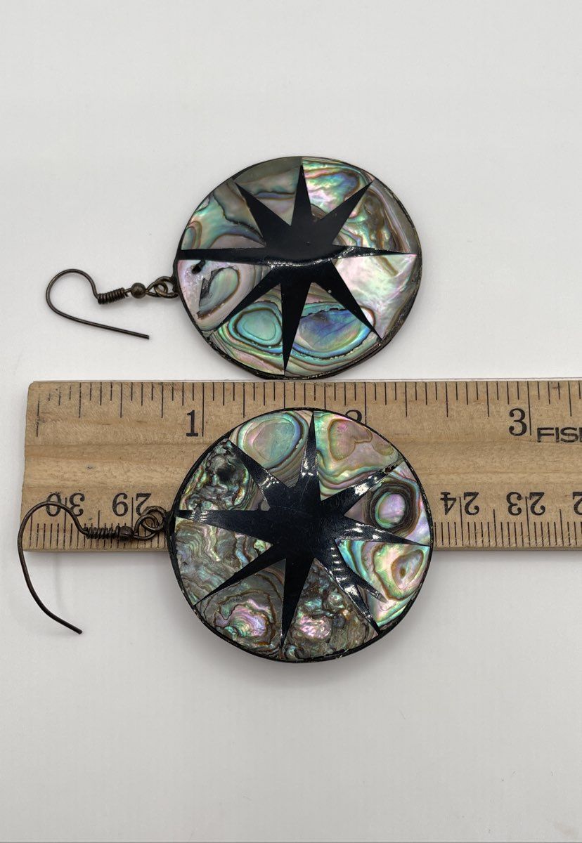 Alpaca Silver Abalone & Black Resin Star Earrings Mexico 14.8g *NPM/Damaged*
