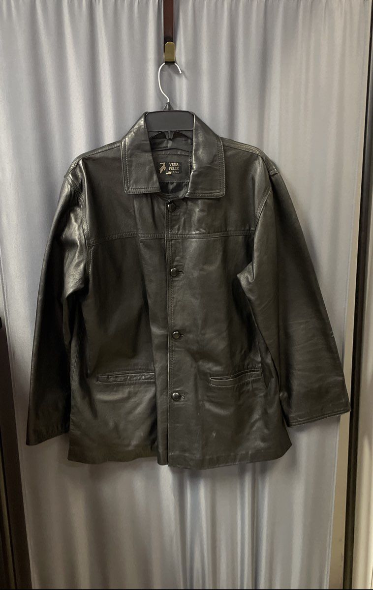 Vera Pelle Men's Black Leather Car Coat Made in Italy Button Front Sz S