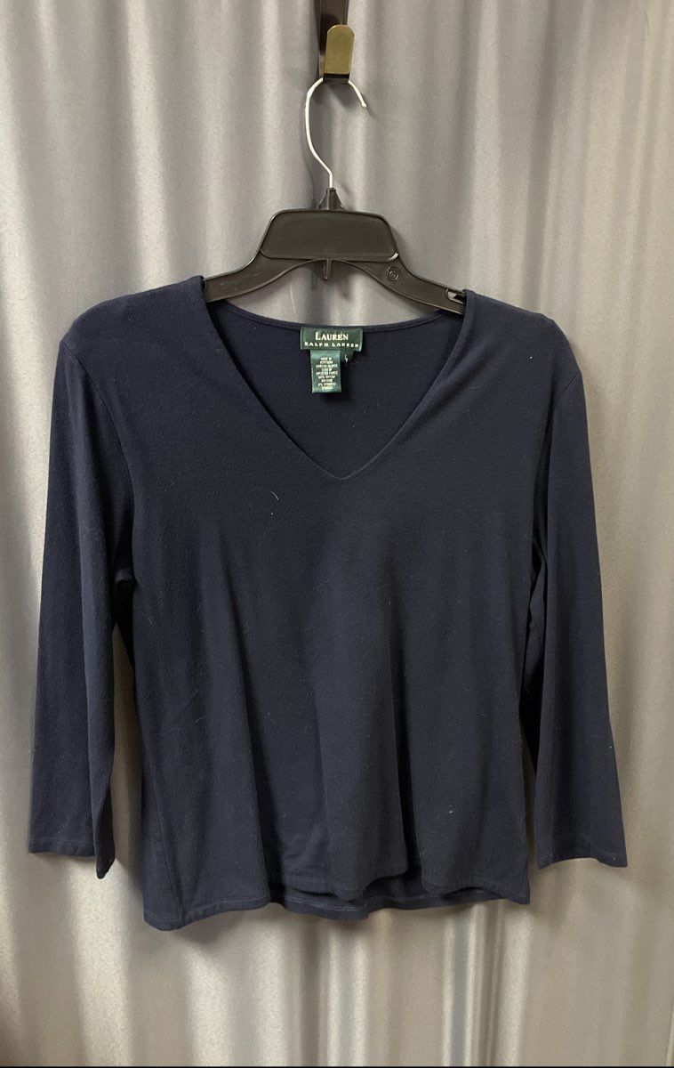 Lauren Ralph Lauren Women's Navy Blue V-Neck Rayon Spandex Stretch Top Sz L