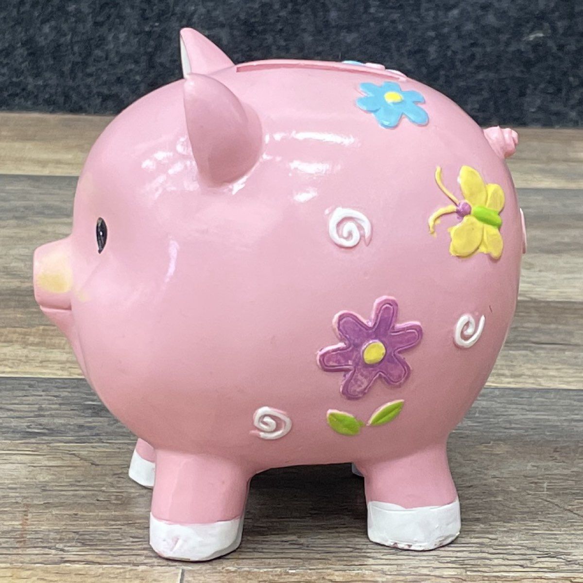 Ceramic Piggy Bank Pink Floral Butterfly Motif Nursery Coin Bank