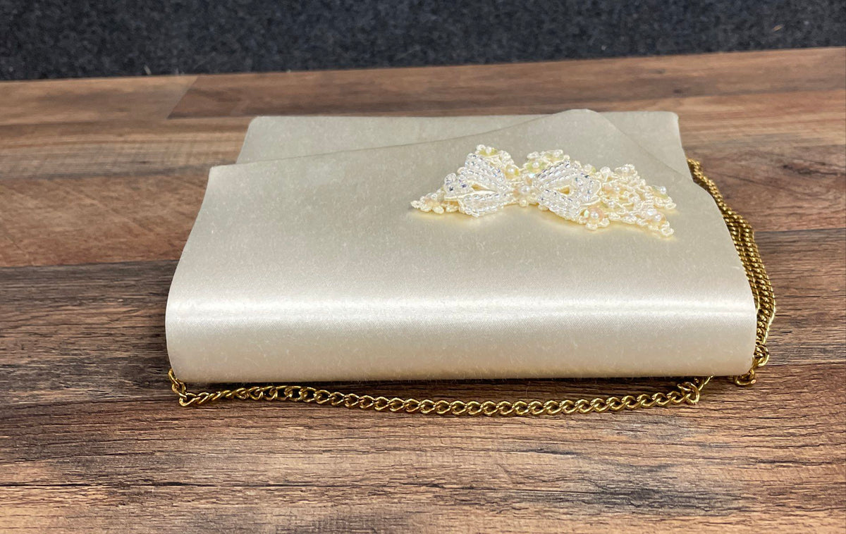 Vintage 90s Dyeables Cream Satin Beaded Lace Bow Evening Bag Clutch Gold Chain