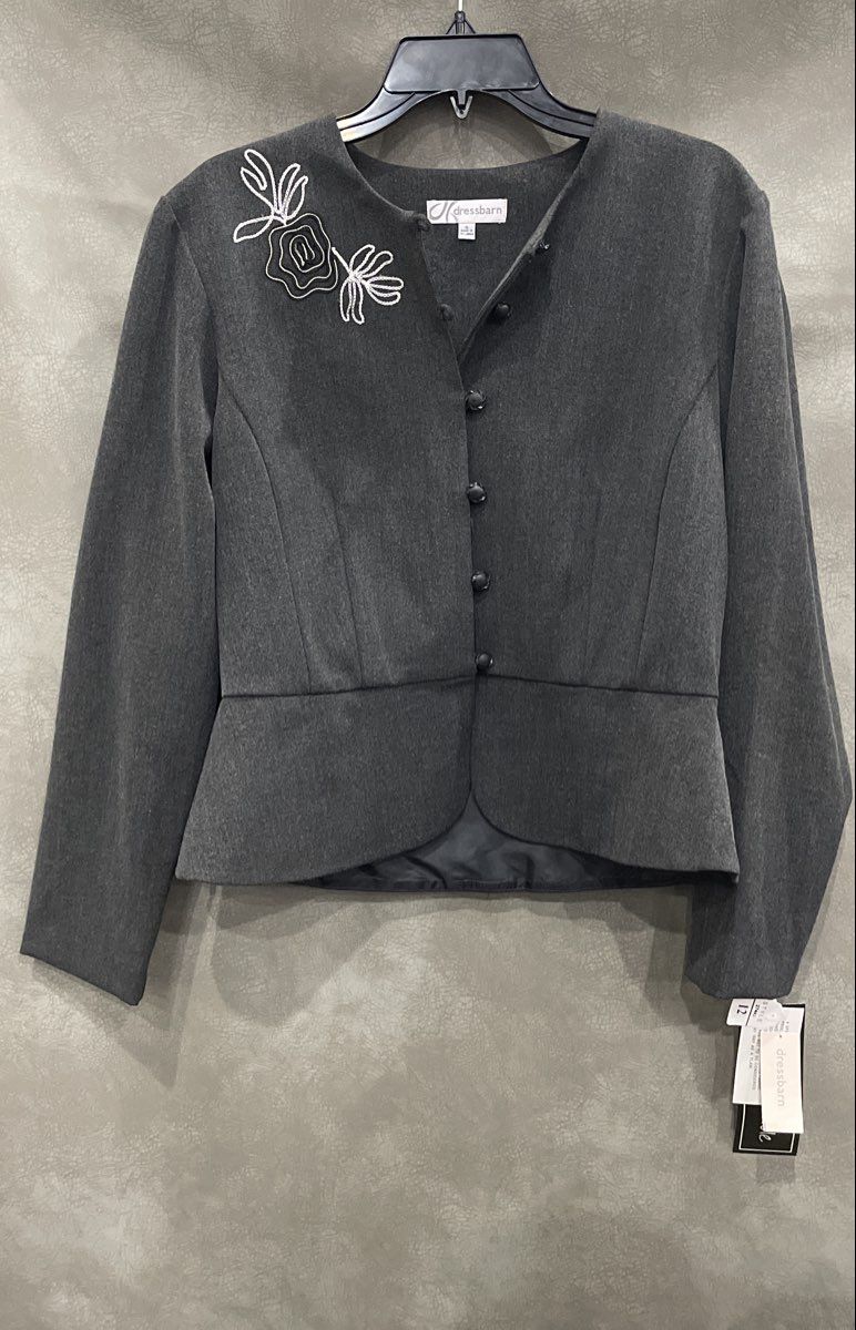 Dressbarn Women's Grey Peplum Jacket Floral Embroidery Button Front NWT Sz 12