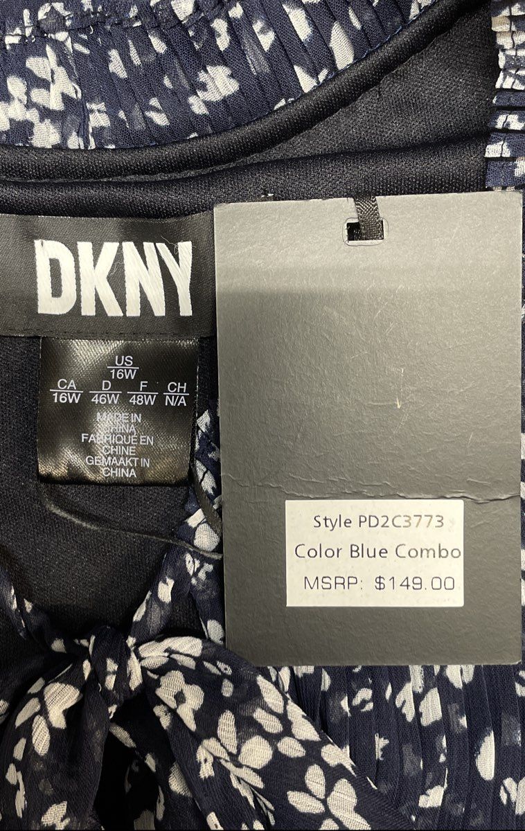 DKNY Women's Pleated Sleeveless Tie Neck Dress Blue White Print Sz 16 NWT