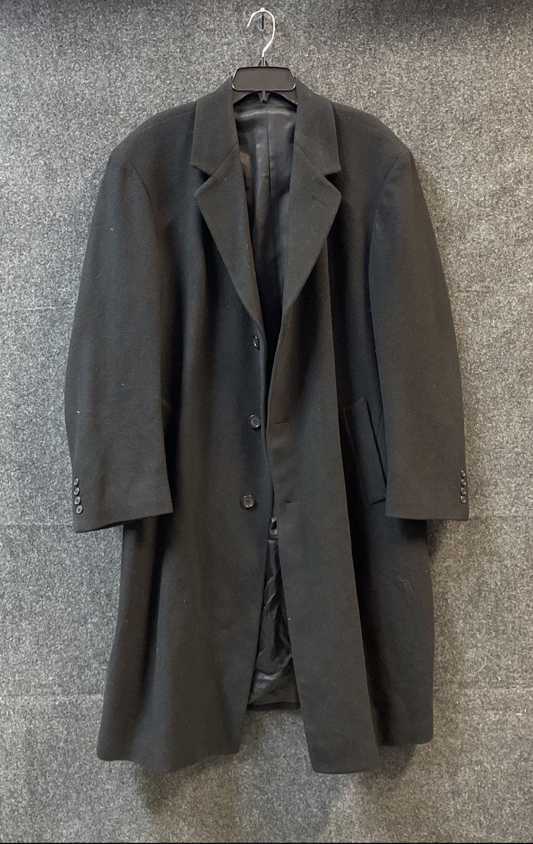 Men's Black Long Single Breasted Overcoat Wool Blend Jacket Sz XL/XXL