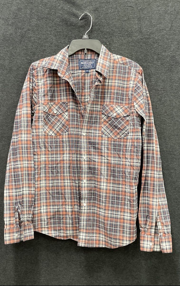 Panhandle Rough Stock Men's Orange Plaid Western Pearl Snap Shirt Sz XL