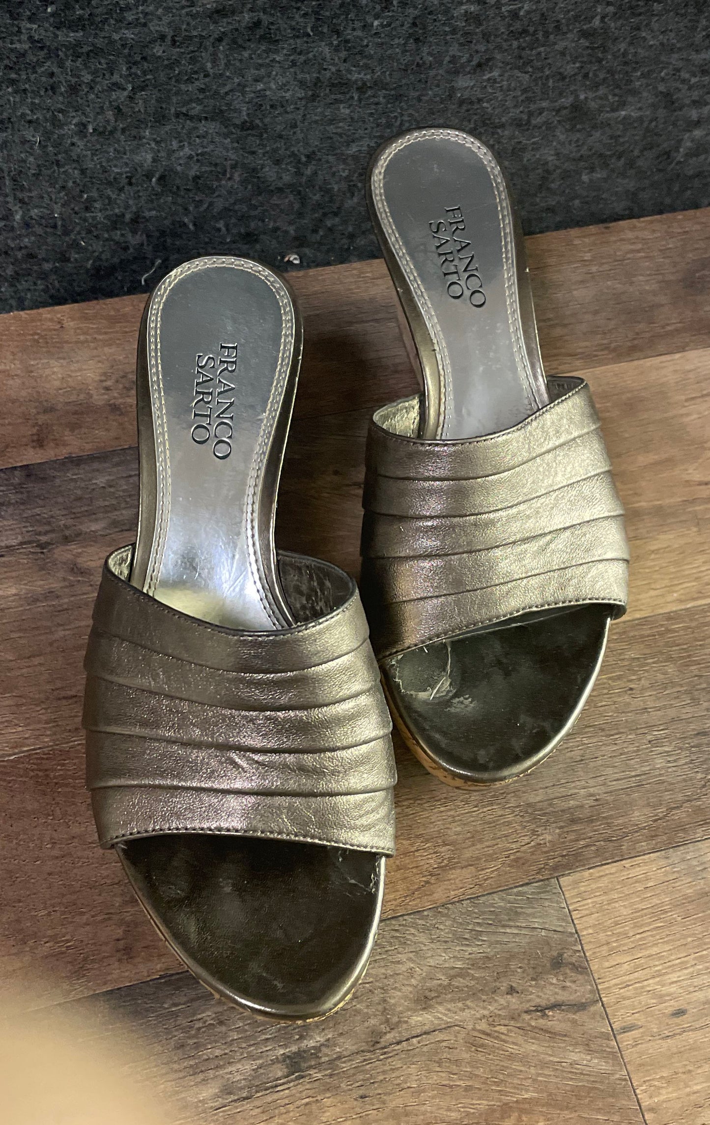 Franco Sarto Gold Bronze Metallic Cork Wedge Slide Sandals Womens Size Unknown
